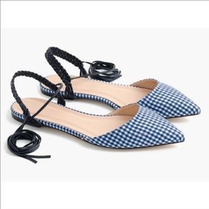 J. Crew Gingham Slingback Leather Tie Ankle Wrap Pointed Toe Flats Size 9.5